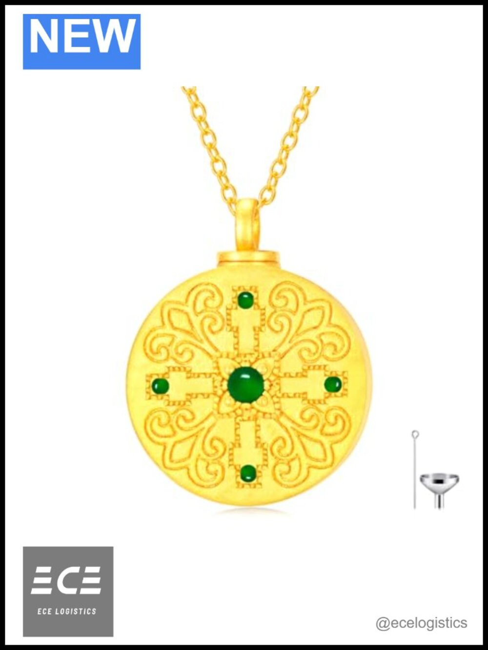18K Gold Plated Sterling Silver Emerald Cross Cremation Locket Necklace